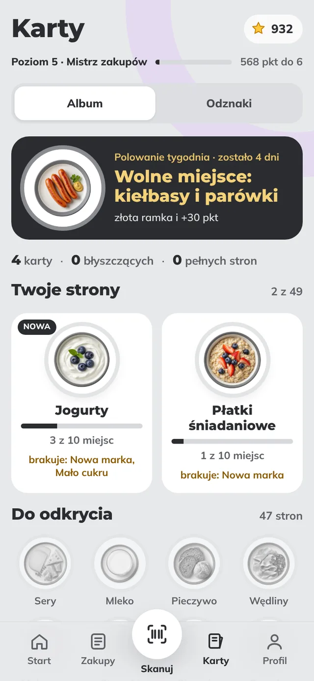 Karty: polowanie tygodnia i Twoje strony albumu