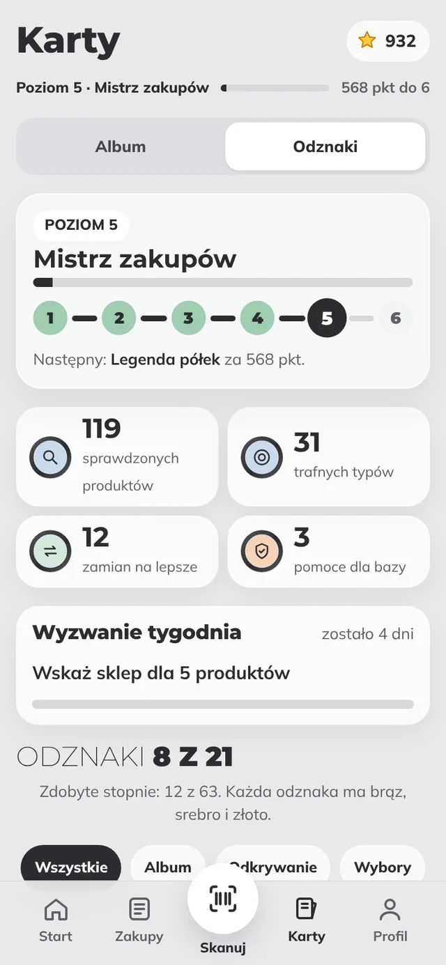 Karty: poziom, liczniki i odznaki